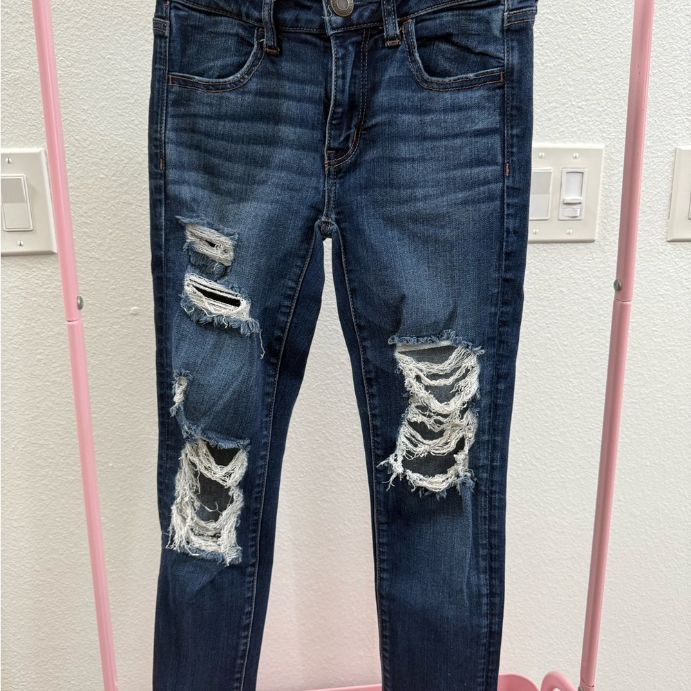 American Eagle Outfitters Blue Skinny Jeans with Distressed Details